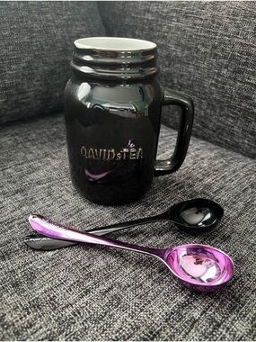 DAVIDsTEA Glossy Black Ceramic Mason Jar Mug with Iridescent Tea Spoons